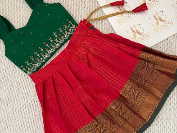 Radhe - Green and Res hand embroidery work skirt and top