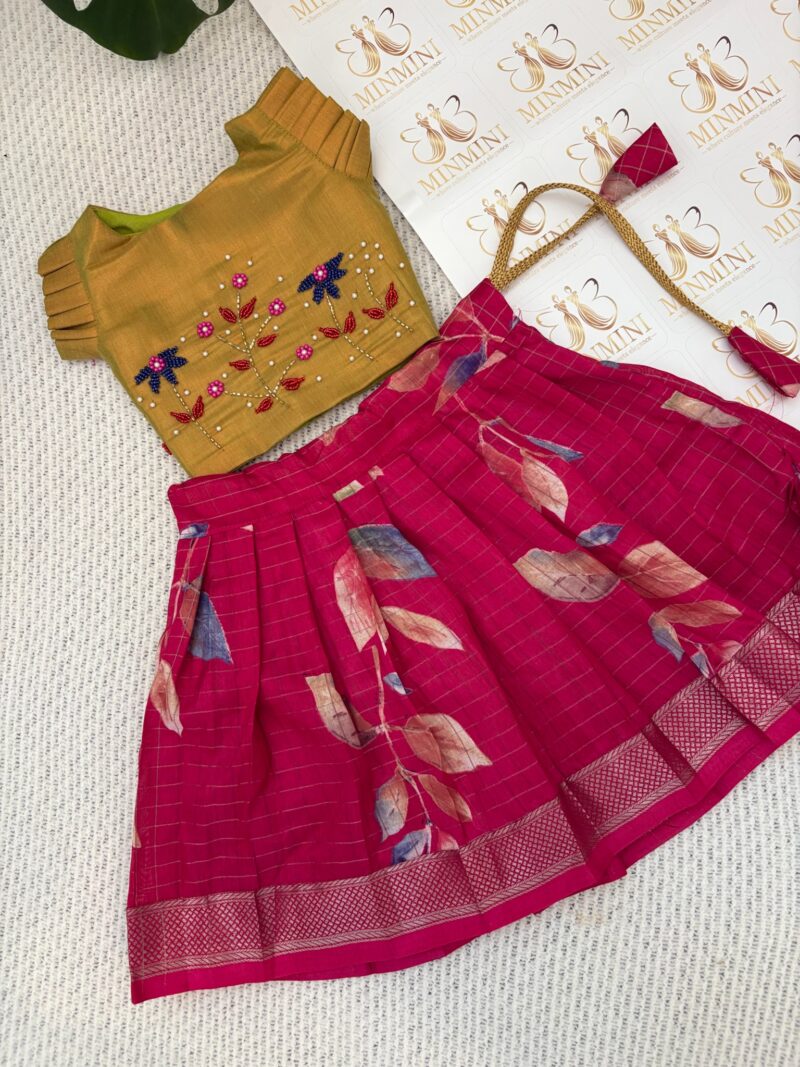 Kani - Metalllic Green and Pink hand embroidery floral work skirt and top