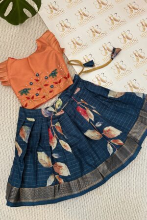 Mahi – Peach and blue hand embroidery floral work skirt and top