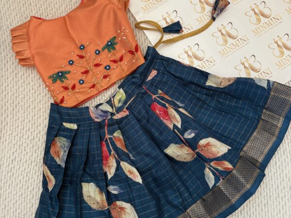 Mahi - Peach and blue hand embroidery floral work skirt and top