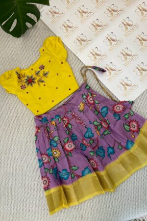 Yukthi – Yellow and purple hand embroidery floral work top and floral kalamkari skirt