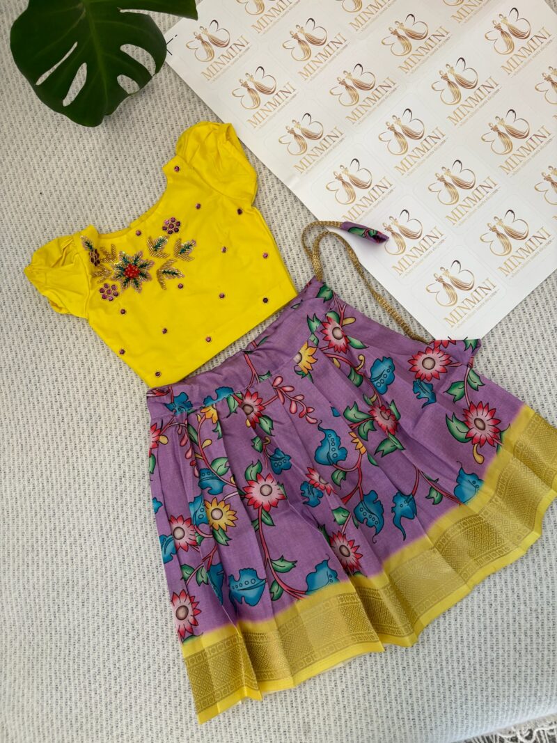 Yukthi - Yellow and purple hand embroidery floral work top and floral kalamkari skirt