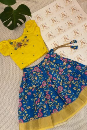 Sakthi – Yellow and blue hand embroidery floral work top and floral kalamkari skirt