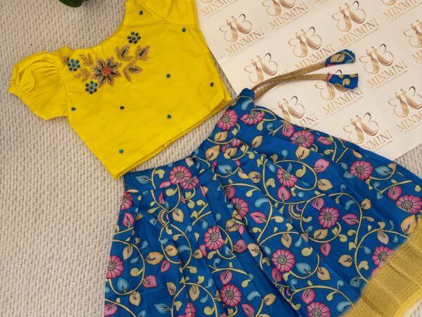 Sakthi - Yellow and blue hand embroidery floral work top and floral kalamkari skirt