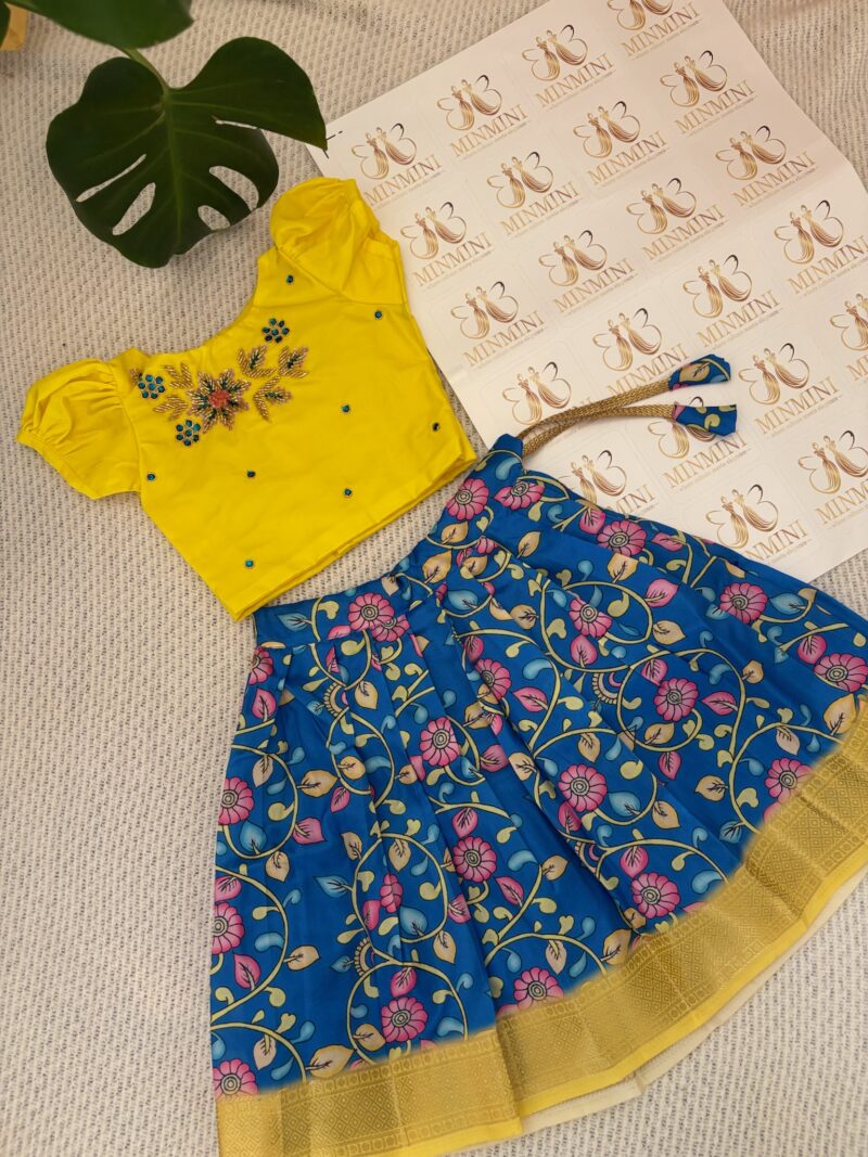 Sakthi - Yellow and blue hand embroidery floral work top and floral kalamkari skirt
